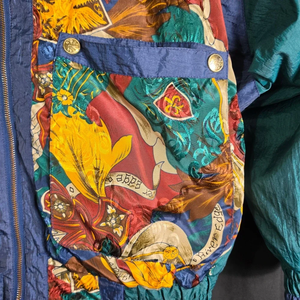 Vintage River Edge 90s Scarf Print Windbreaker Jacket Teal Blue Gold Mens Medium